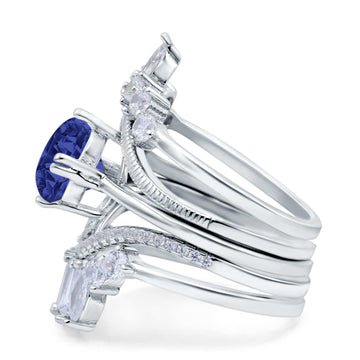 Trio Set Wedding Ring Three Piece Bridal Round Simulated Blue Sapphire CZ 925 Sterling Silver